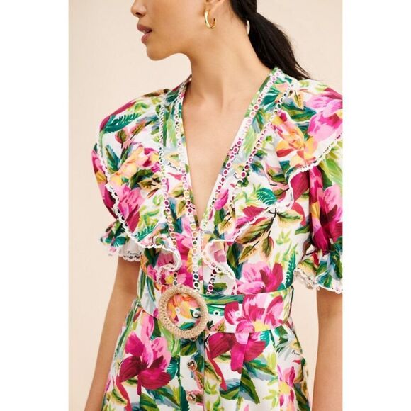 Farm Rio Women's Multicolor Floral Ruffle Belted V-Neck Romper Shorts Large NWOT - Picture 5 of 11